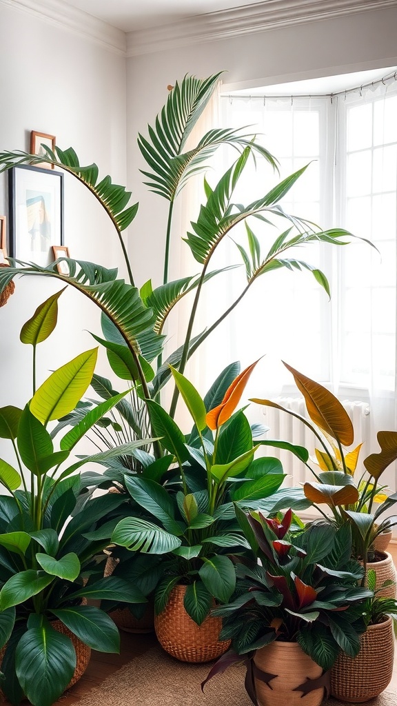 Indoor space filled with various tropical plants in decorative pots