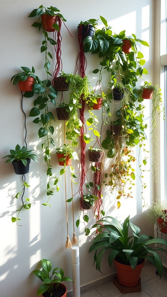 A collection of wall climbing plants in pots, featuring various types of greenery arranged on a wall.