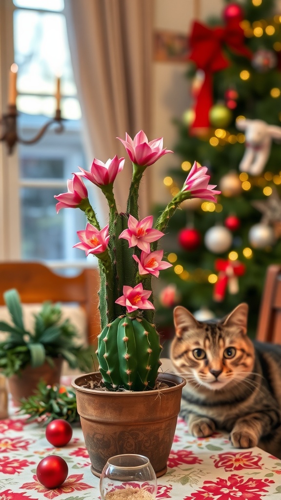 A Christmas Cactus with pink flowers on a festive table, with a cat in the background and holiday decorations