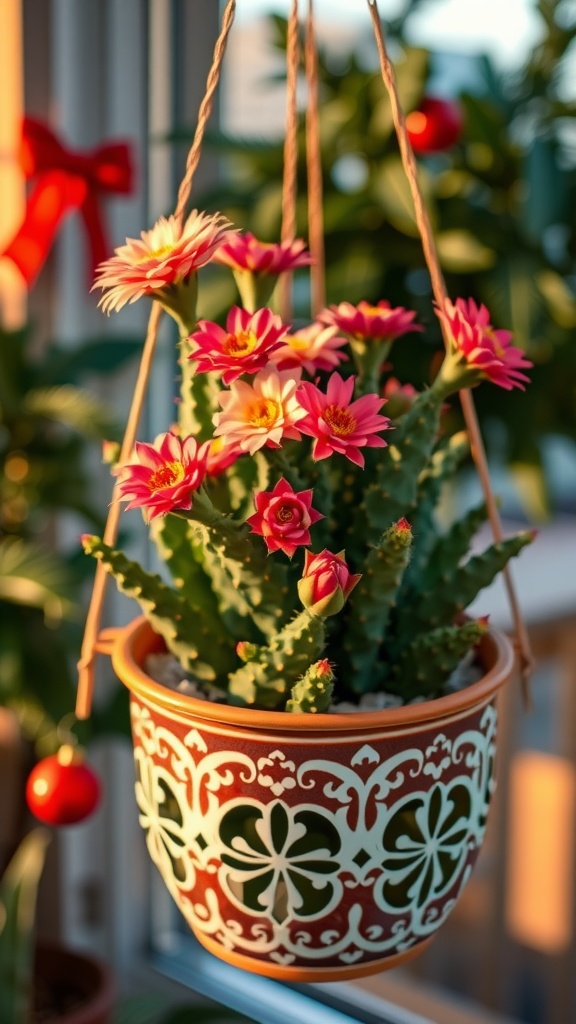 A vibrant Christmas Cactus in a decorative pot, with pink flowers hanging indoors.