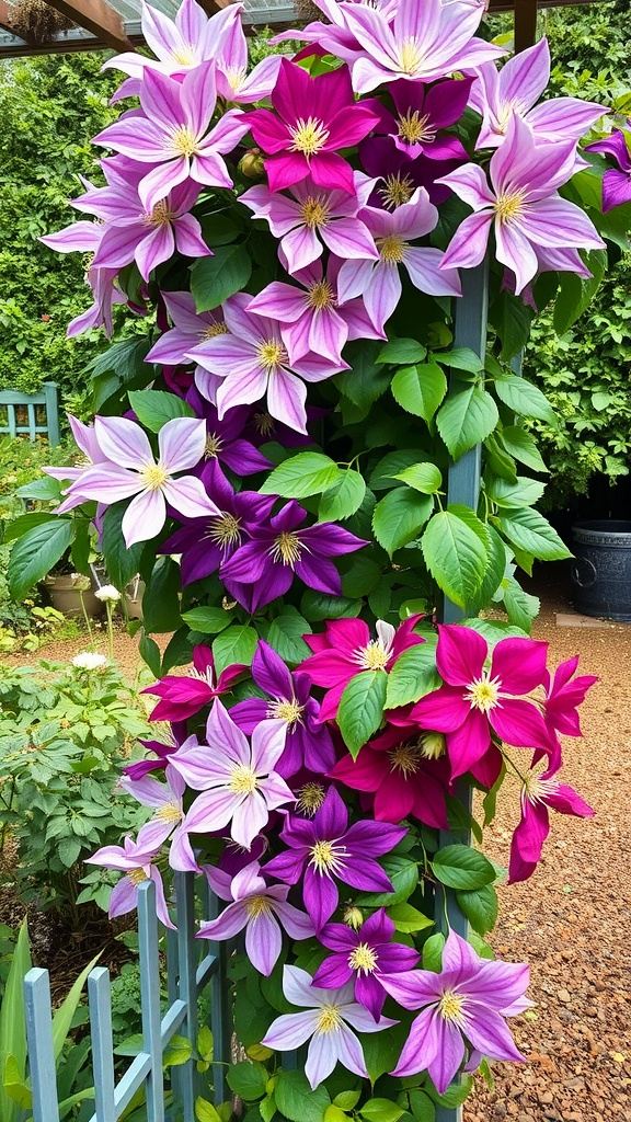 A vibrant display of clematis flowers in shades of pink and purple climbing on a trellis.