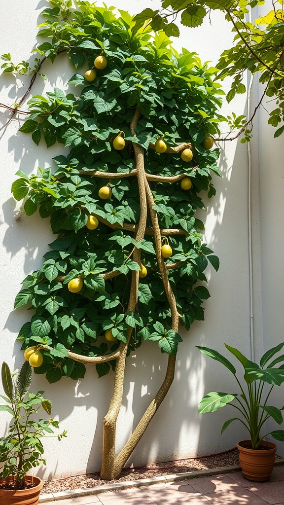 A climbing fig plant with vibrant green leaves and yellow fruits growing on a wall