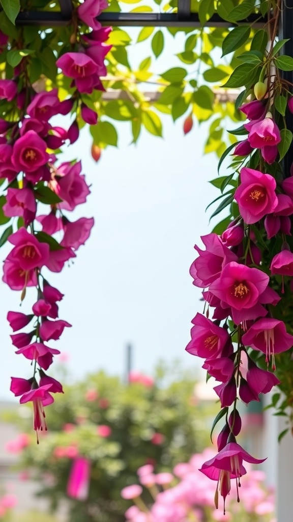 Vibrant pink climbing fuchsia flowers hanging down, brightening a garden space