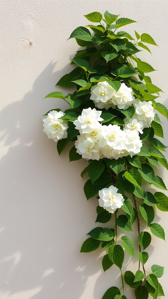 Climbing hydrangea with white flowers against a wall