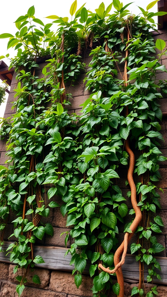 A vibrant display of climbing plants growing on a wall, showcasing lush green leaves and a natural aesthetic.