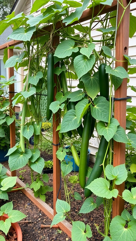 Vibrant green zucchinis growing on a wooden trellis in a garden.
