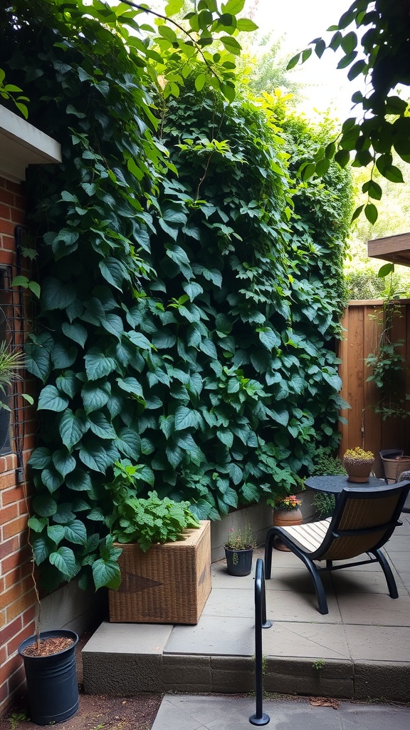 A backyard space with a dense wall of climbing plants providing privacy and shade, with potted plants and a seating area.
