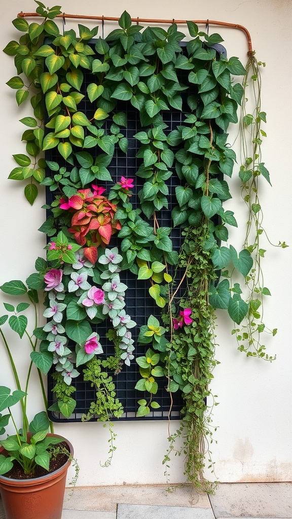 A vertical garden with various climbing plants, featuring green leaves and colorful flowers, mounted on a grid against a wall.