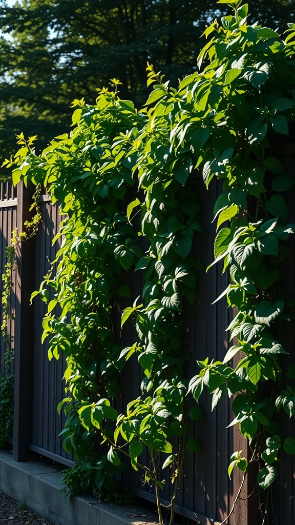 Lush green climbing plants covering a wooden fence, thriving in a shaded area.