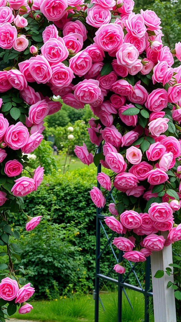 A beautiful display of pink climbing roses on a trellis, creating a romantic garden arch.