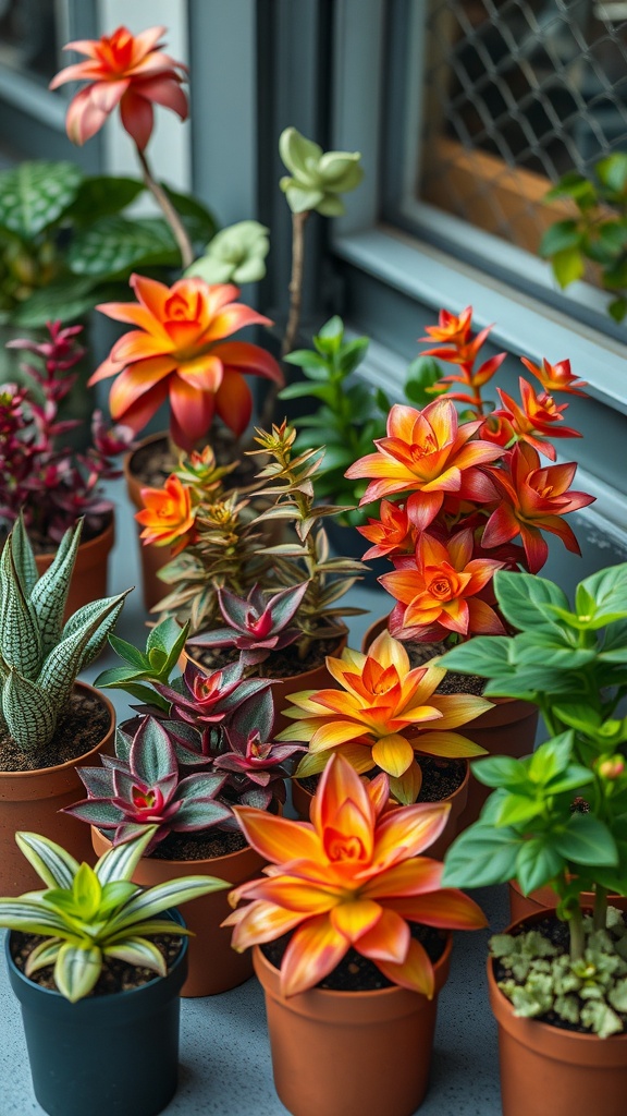 A variety of colorful small house plants in pots, featuring vibrant orange and red flowers among green leaves.