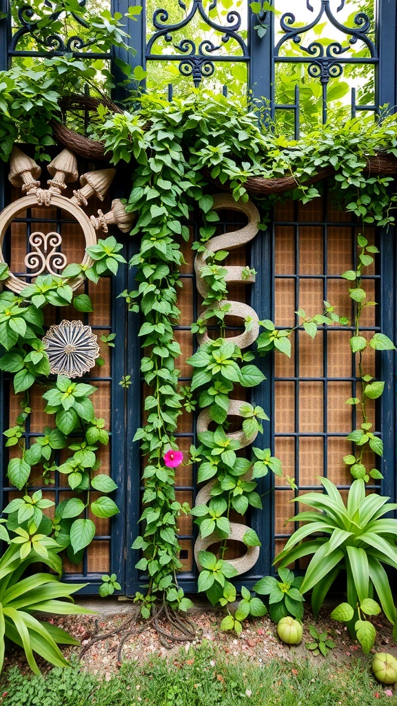 Lush green climbing plants entwined around a blue fence with decorative elements.