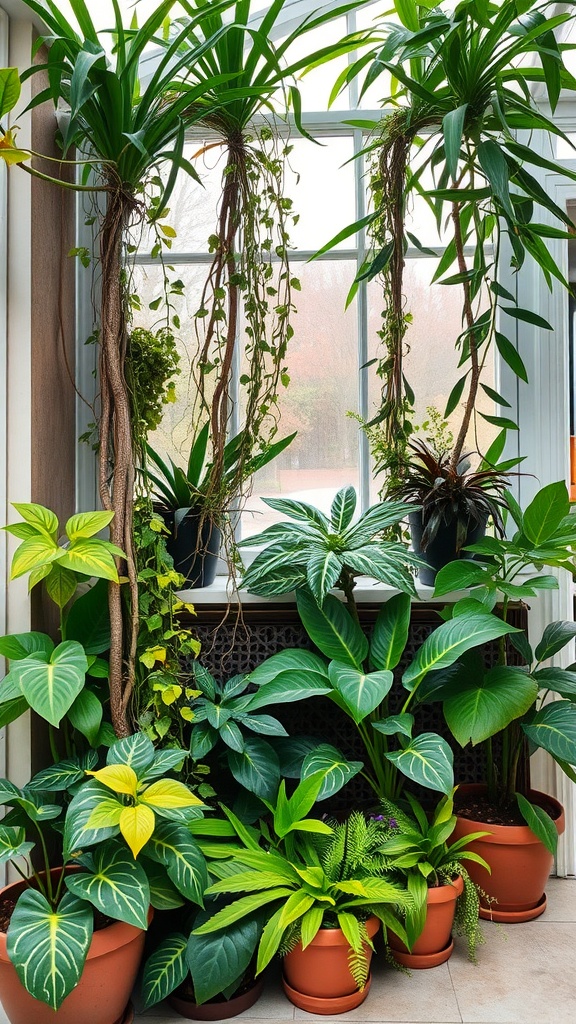 Indoor climbing plants combined with various leafy plants in pots.