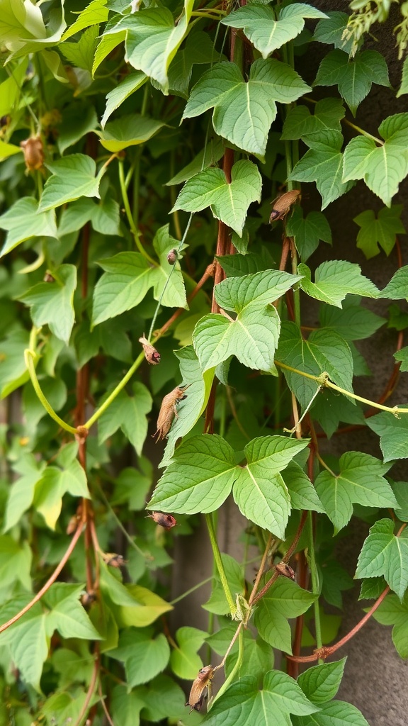 Close-up of climbing plant leaves with some brown buds