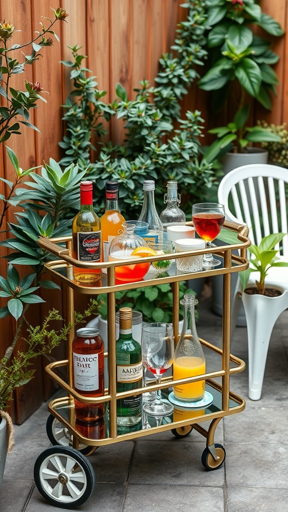 A stylish compact bar cart with various drinks, set in a small garden patio.
