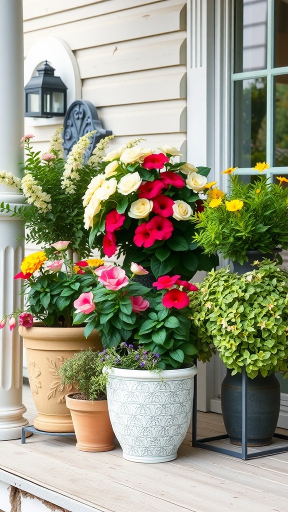 A collection of colorful flowering plants in various pots arranged by a front door.