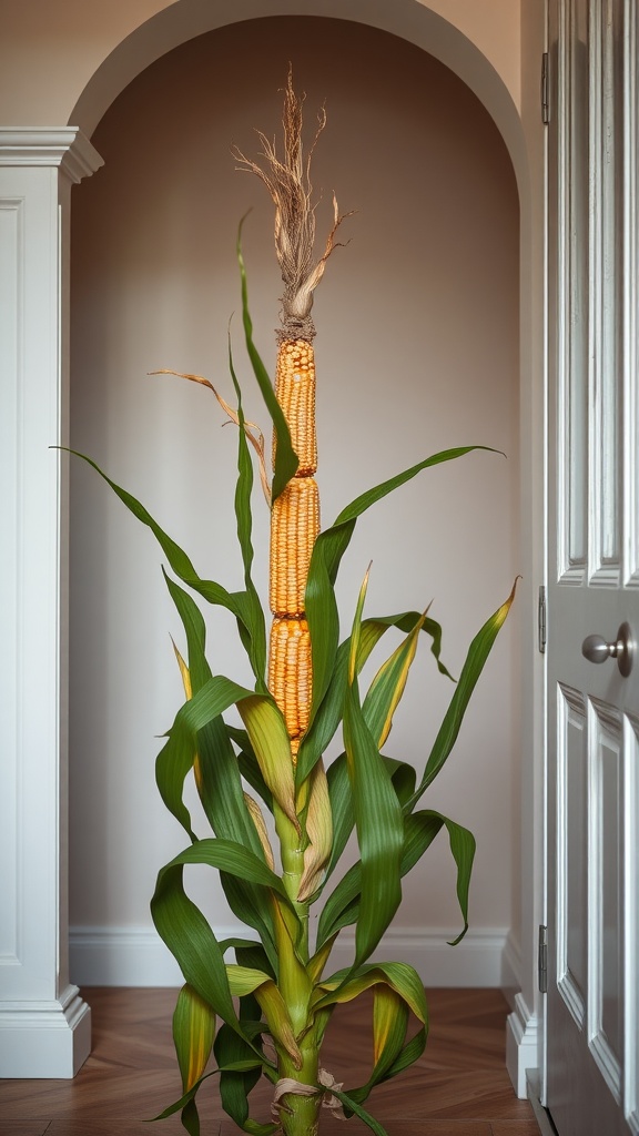 A tall Corn Plant with long green leaves and a stalk resembling corn, set against a light-colored wall.