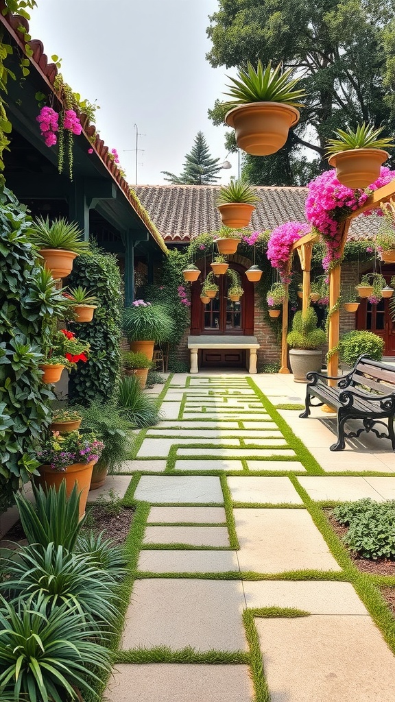 A beautifully designed garden with climbing plants and colorful hanging flowers, featuring stone pathways and a cozy bench.
