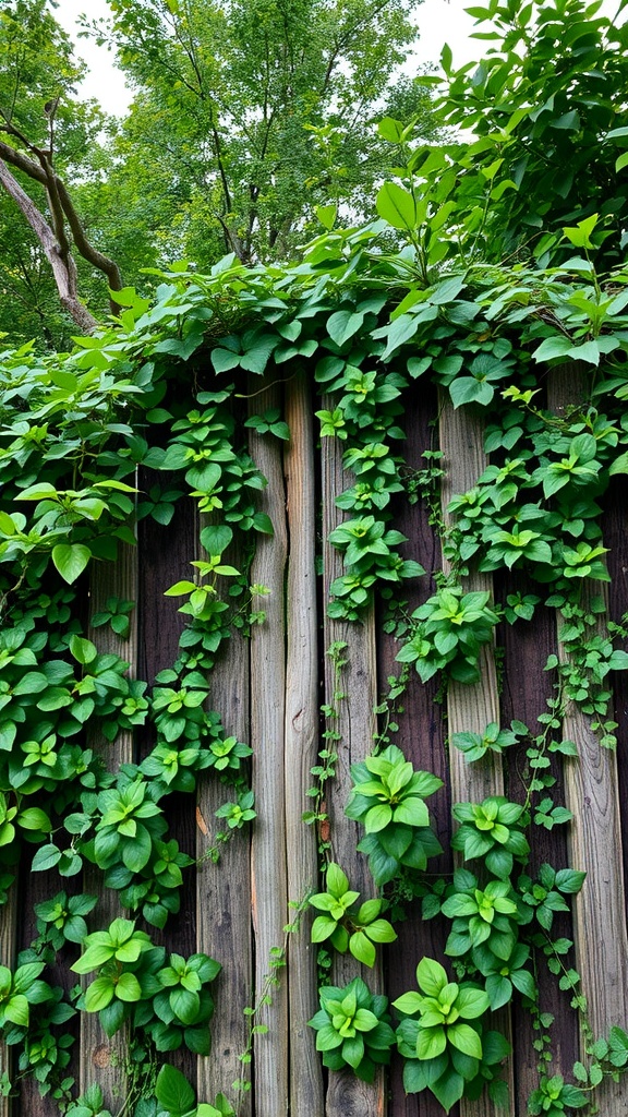 A wooden fence covered with various climbing plants, showcasing vibrant green foliage.