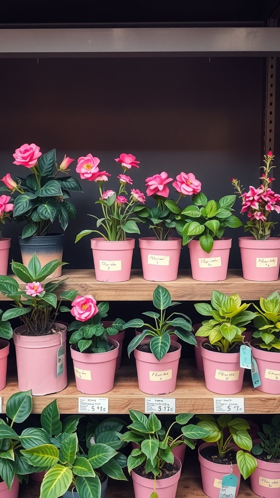 A display of various pink house plants in pots, showcasing vibrant flowers and lush greenery.