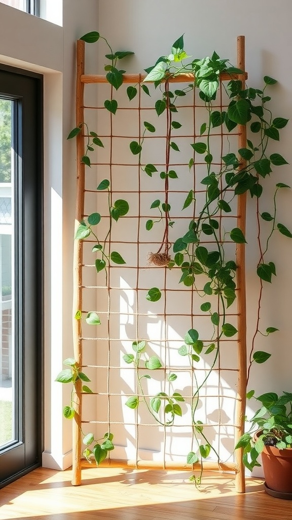 A wooden trellis with climbing plants in a sunlit indoor space