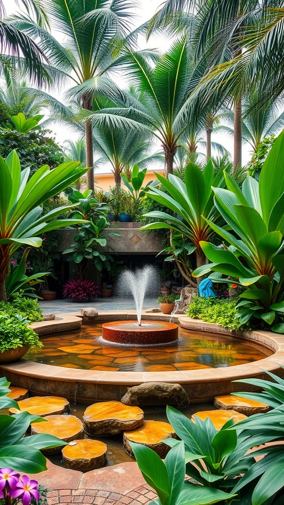 A tropical garden featuring a fountain surrounded by lush green plants and stepping stones.