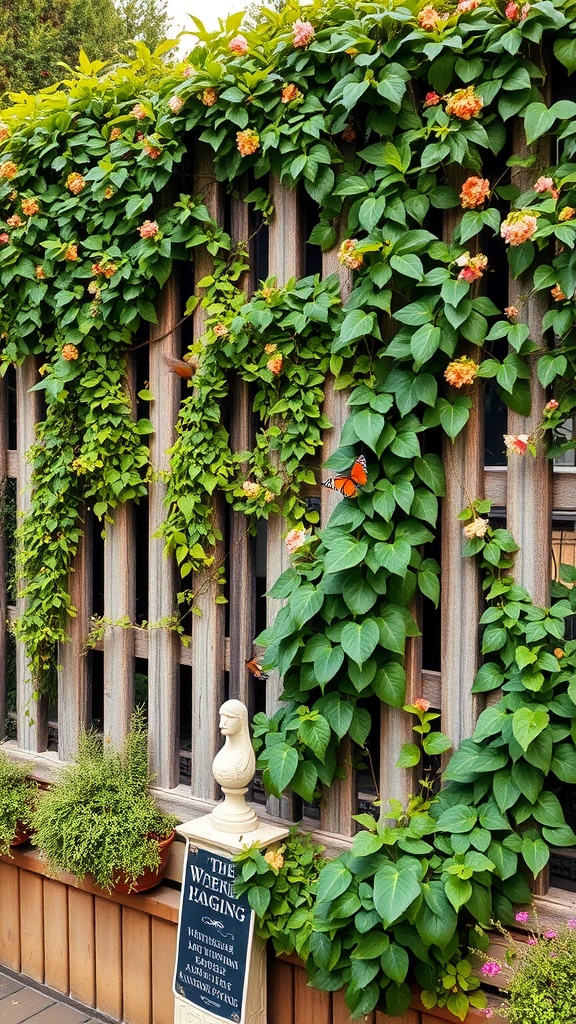 A wooden fence covered with climbing plants and flowers, showcasing a vibrant garden.