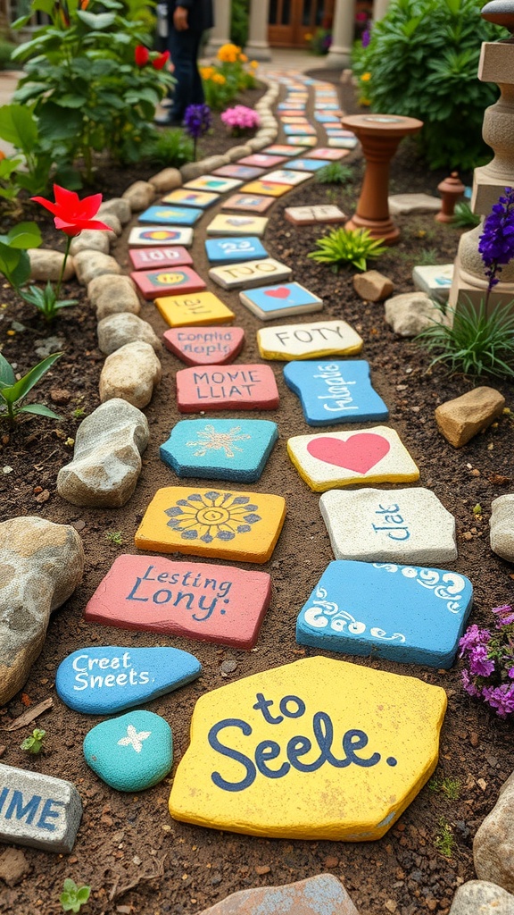 Colorful garden stepping stones with creative designs and phrases, forming a winding path through a garden.