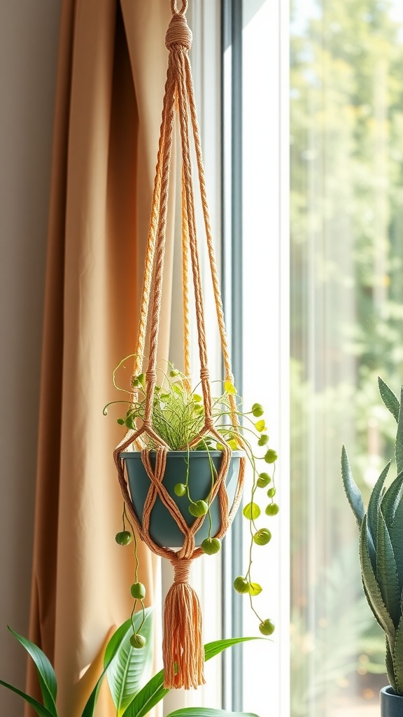 A macrame plant hanger with a green plant, hanging by a window
