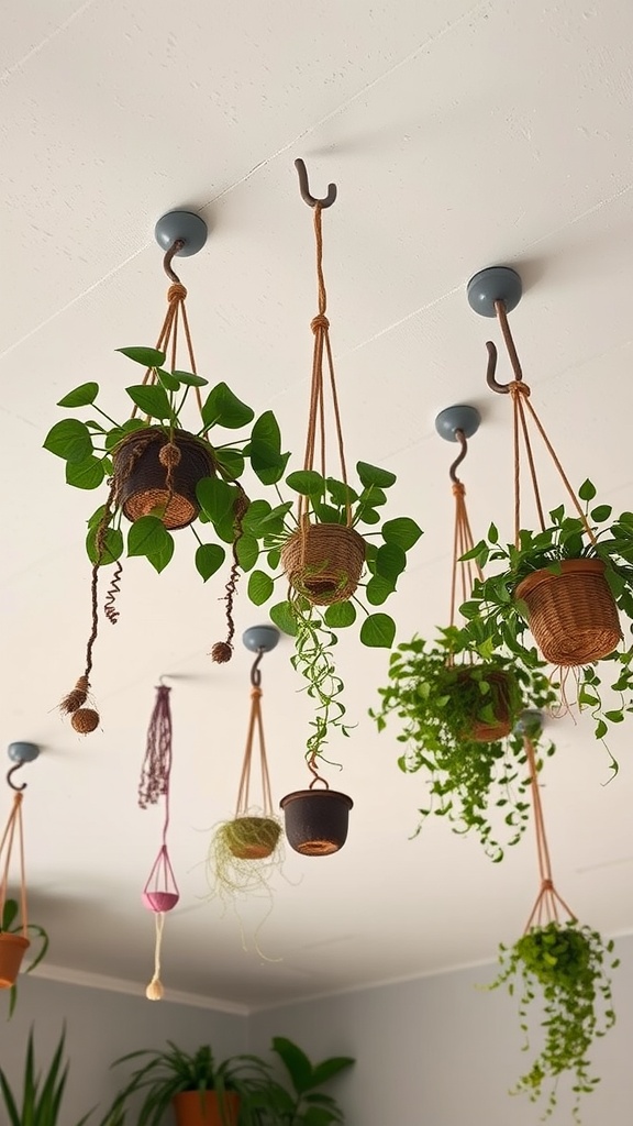 Indoor plants hanging from ceiling hooks, showcasing various styles and textures.