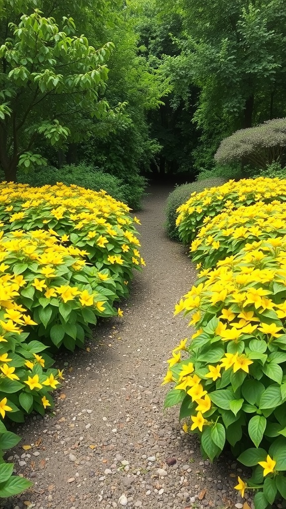 A path lined with bright yellow flowers of Creeping Jenny leading into a shaded area.