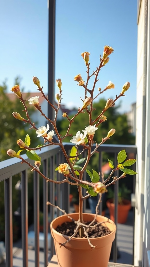 A beautiful Crown of Thorns plant with blooming flowers, showcasing its unique features.