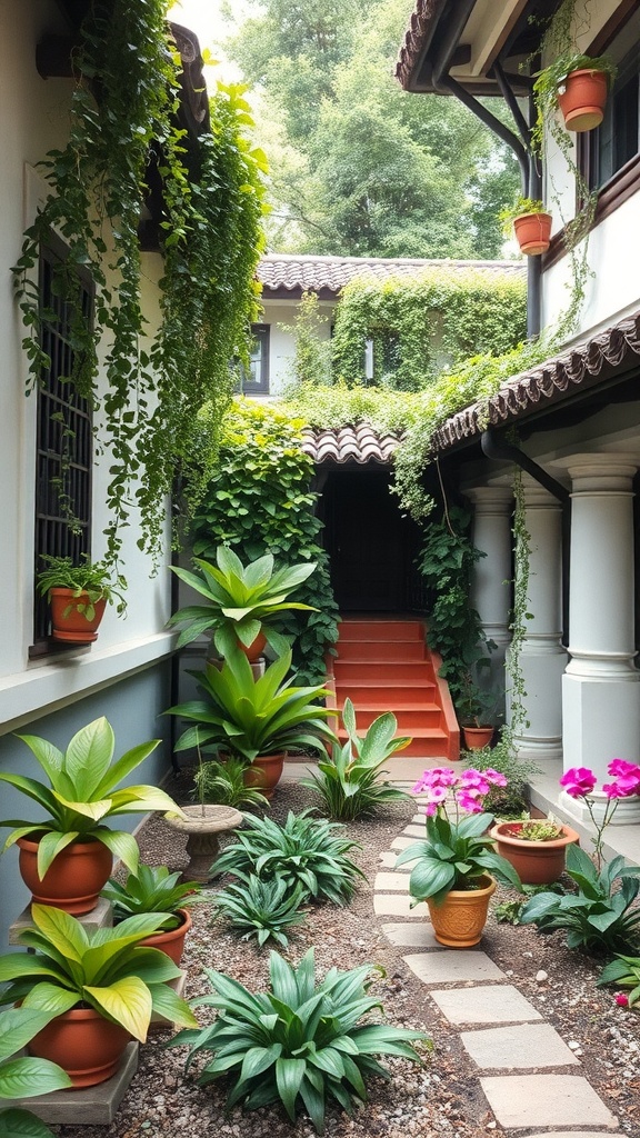 A garden with climbing plants on walls and fences, featuring vibrant flowers and greenery.