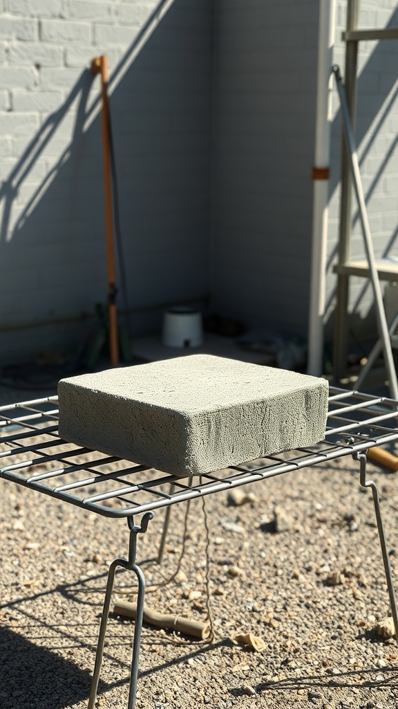 Freshly poured concrete stepping stone on a metal rack.