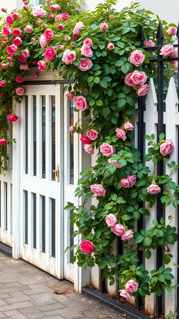 Climbing pink roses over a white picket fence