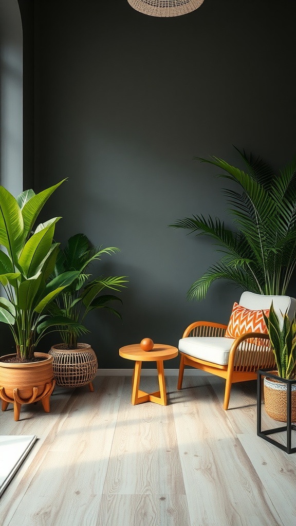 Indoor space designed with tropical plants, bright seating, and decorative elements.