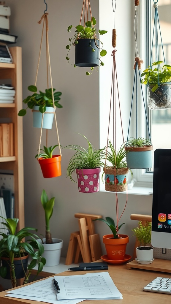 An indoor setting with various hanging plants in colorful pots, showcasing a creative and stylish home decor idea.