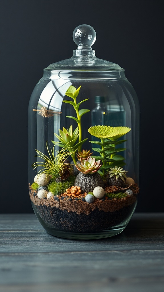 A small glass terrarium filled with various plants, pebbles, and decorative elements.