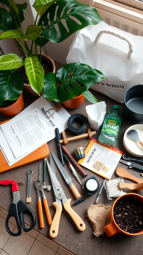 A tabletop filled with gardening tools and supplies for tropical plant care, including pots, scissors, and a care guide.