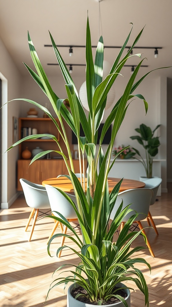 A tall Dracaena Marginata plant in a modern pot, positioned in a stylish indoor space with a dining table and chairs in the background.