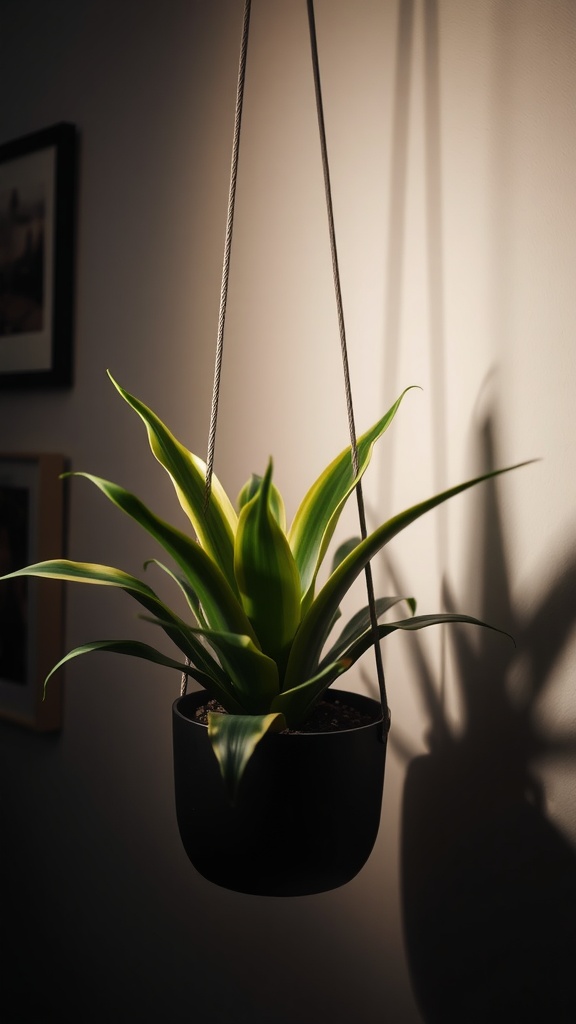Hanging Dracaena plant with long green and yellow leaves, casting a shadow on the wall.