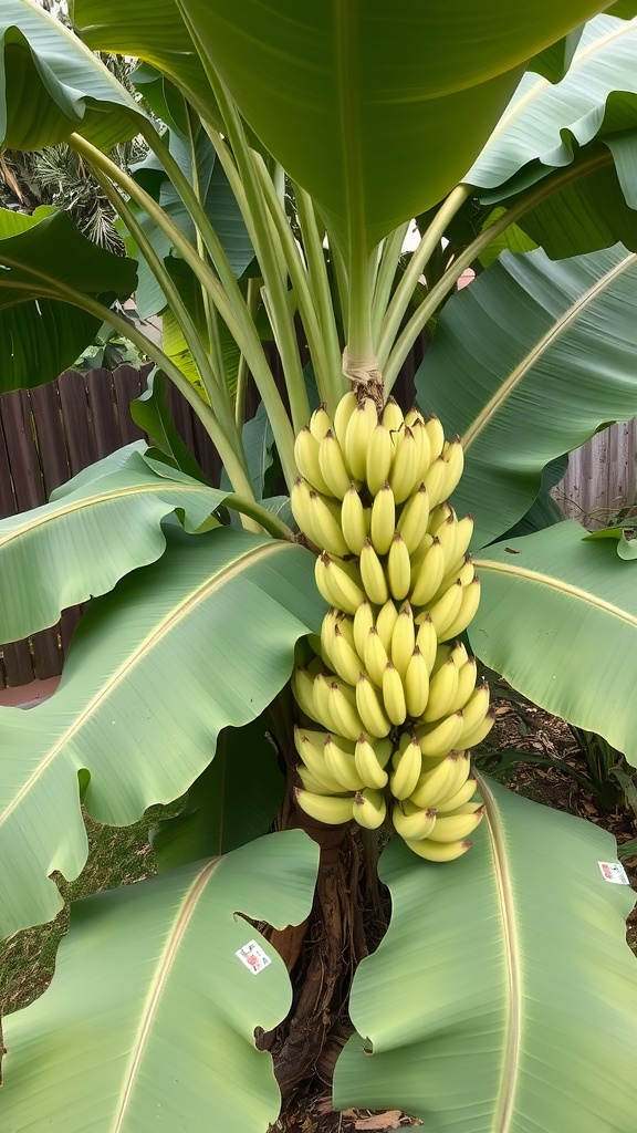 A dramatic banana plant with large green leaves and a bunch of yellow bananas