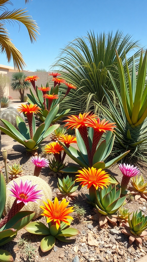 Vibrant tropical plants in an outdoor setting, showcasing drought-resistant varieties with colorful flowers.