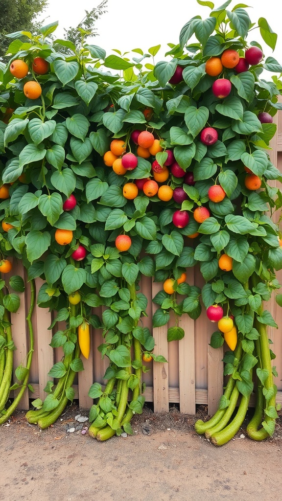 Colorful climbing plants with fruits and vegetables growing on a wooden fence