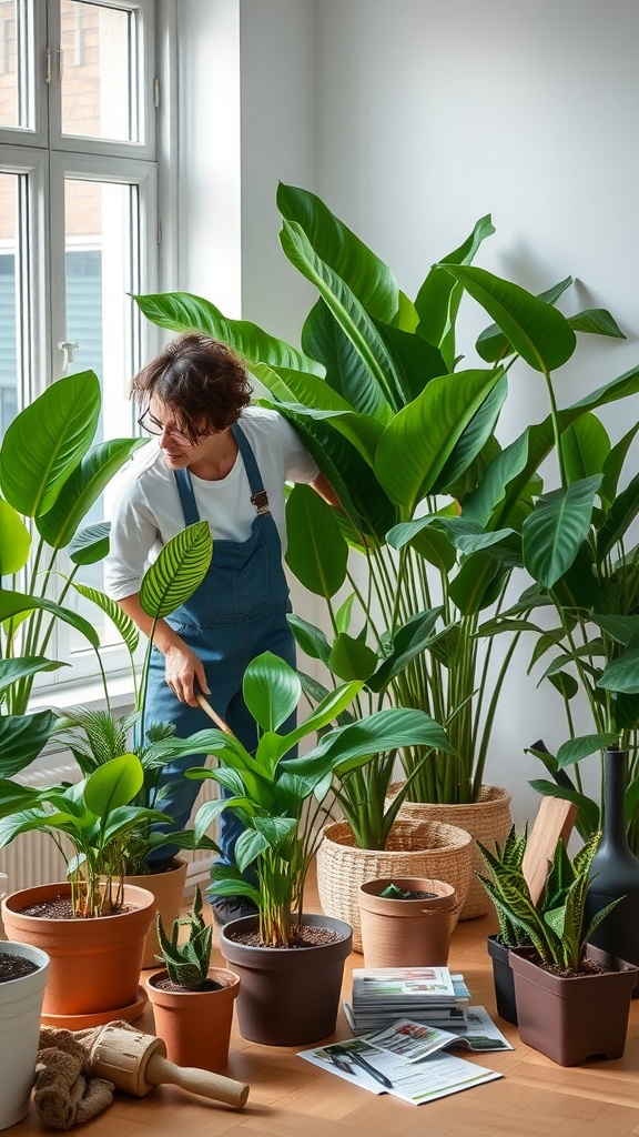 A person tending to various indoor tropical plants in a bright room
