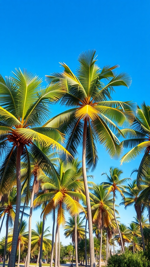 A view of tall exotic palm trees against a clear blue sky
