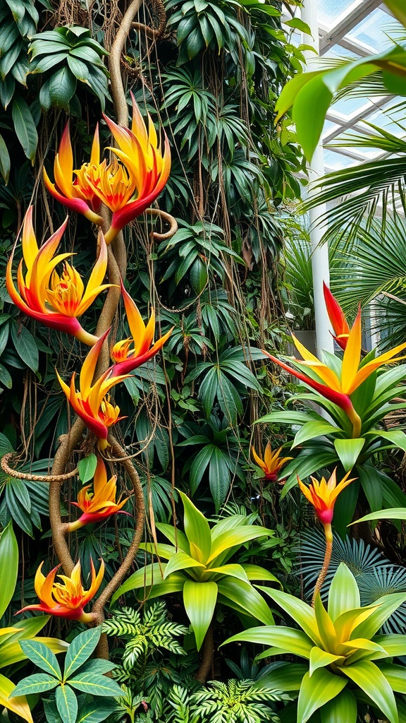 Vibrant climbing plants with yellow and red flowers amidst lush green foliage