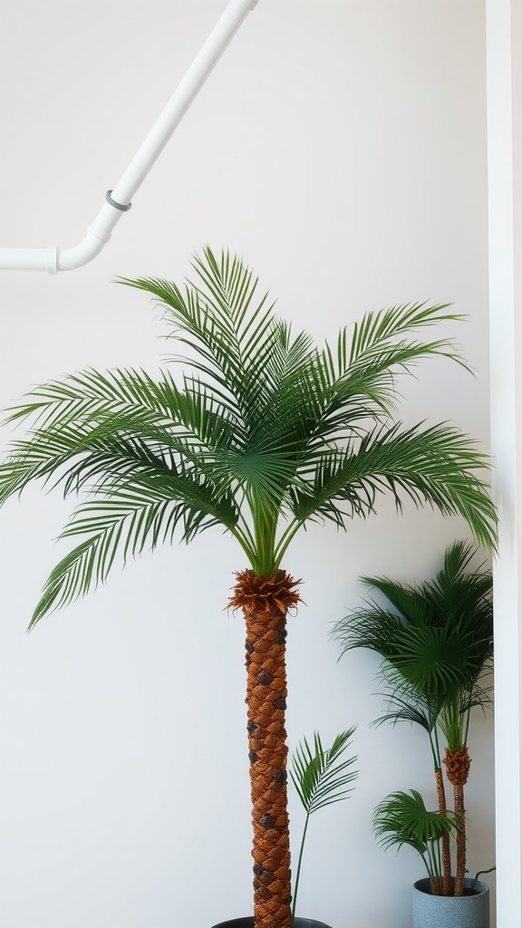 Faux palm tree with lush green leaves and a textured trunk, set against a light background.