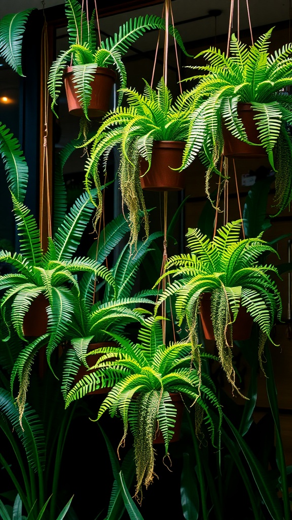 Hanging ferns in pots, showcasing vibrant green foliage