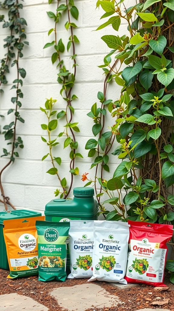 Selection of organic fertilizers for fast-growing climbing plants, with green bottles and colorful bags displayed against a wall with climbing vines.